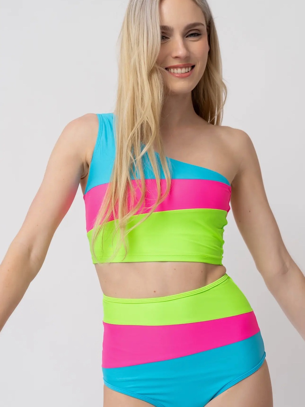 Neon Colorblock One-Shoulder Bikini Set - Lime, Pink & Aqua